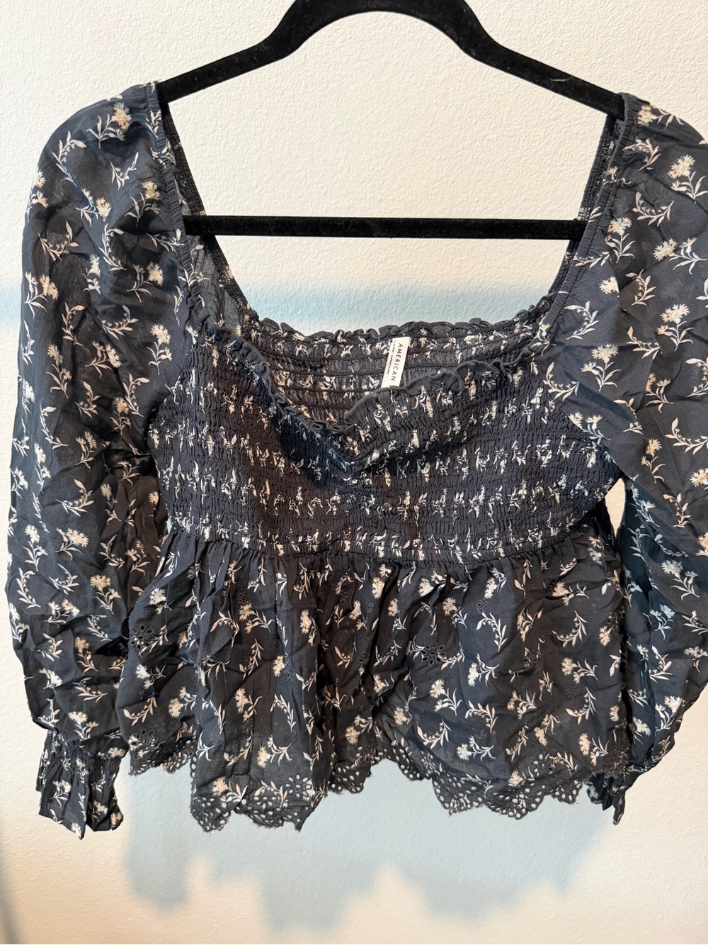 American Eagle Outfitters Black Floral Smocked Peplum Top